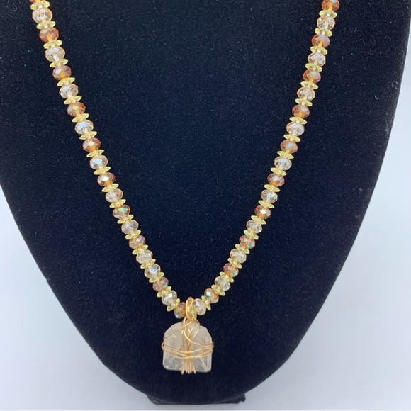 Beaded Brown & Gold Tone Necklace with Gemlike Crystal Pendant - Picture 6 of 10